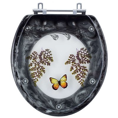 Assento Sanitario Poliester Decorado Borboleta Saveiro Preto para vaso Celite