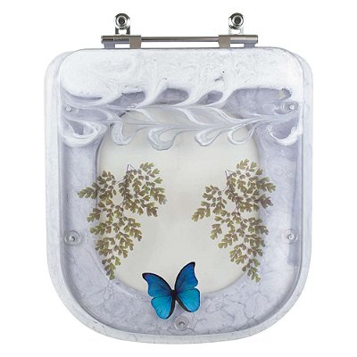 Assento Sanitário Poliester Quadra Decorado Branco Borboleta Azul