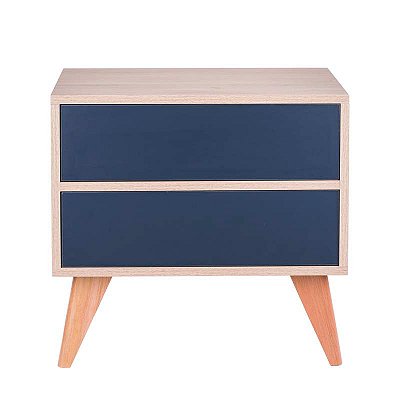Mesa de Cabeceira Retrô com Portas Bréscia Carvalho e Azul Marinho
