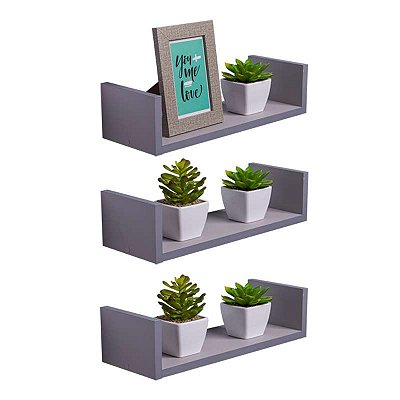 Kit 3 Prateleiras U 40 x 15cm Cinza Claro Suporte Invisível