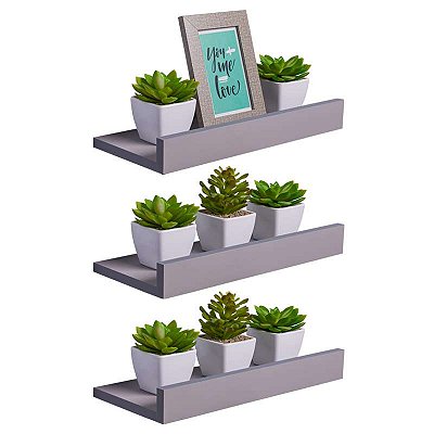 Kit 3 Prateleiras Porta Quadros 50 x 10cm Cinza Claro Suporte Invisível