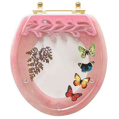 Assento Sanitário Poliéster Oval Convencional Rosa Quartzo com 4 Borboletas para todas as marcas Com Ferragem Dourada