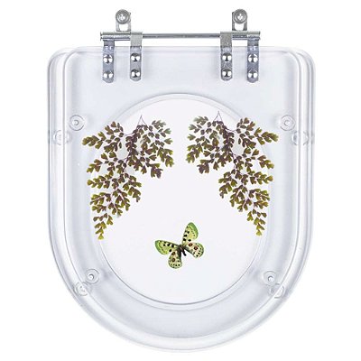 Tampa de Vaso Sanitário Poliéster Riviera Transparente Decorado com Borboleta Verde para louça Celite