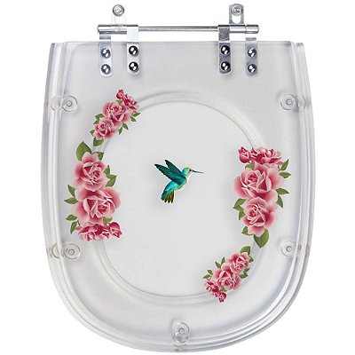 Tampa de Vaso Sanitário Poliéster Paris Transparente Decorado com Beija-Flor para louça Ideal Standard
