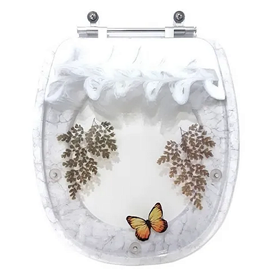 Tampa de Vaso Sanitário Poliéster Village Branco Decorado com Borboleta Amarela para louça Deca