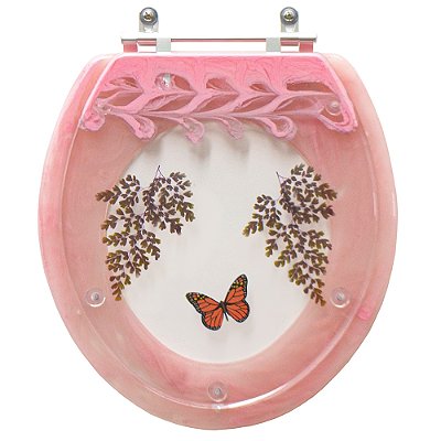 Assento Sanitário Poliester Oval Avenca com Borboleta Rosa Quartzo (Rosa Claro) - Luxo