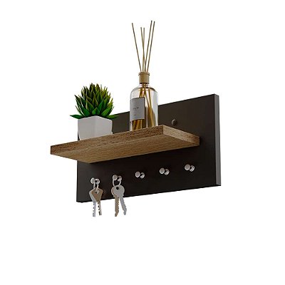 Porta Chaves Minimalista de Parede com 5 pinos Preto e Carvalho