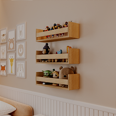 Kit 3 Prateleiras Porta Brinquedos Carvalho 50 x 12cm Suporte Invisivel