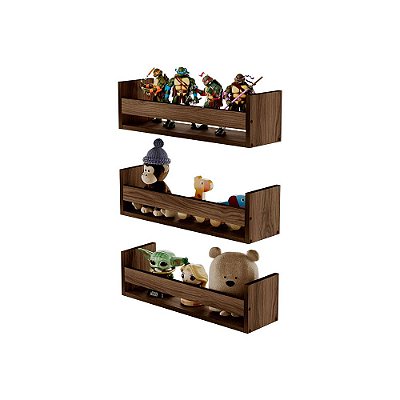 Kit 3 Prateleiras Porta Brinquedos Nogal 50 x 12cm Suporte Invisivel