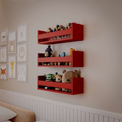 Kit 3 Prateleiras Porta Brinquedos Vermelha 50 x 12cm Suporte Invisivel