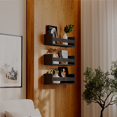 Kit 3 Prateleiras Porta Livros Preta 60 x 12cm Suporte Invisivel