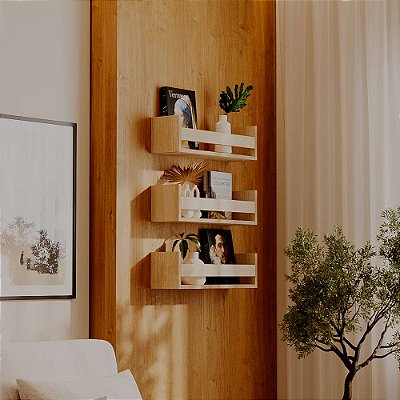 Kit 3 Prateleiras Porta Livros Carvalho 60 x 12cm Suporte Invisivel