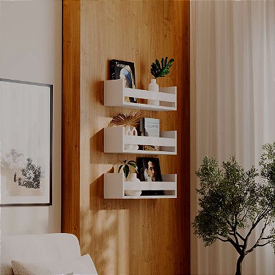 Kit 3 Prateleiras Porta Livros Branca 70 x 12cm Suporte Invisivel