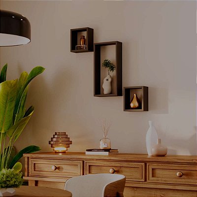 Conjunto 3 Nichos Decorativos Modulares Preto Quarto Sala