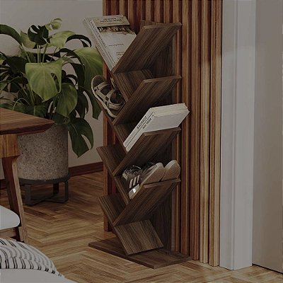 Estante Vertical Zig Zag Organizador Livros e Sapatos Nogal