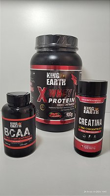 Combo Whey Protein Concentrado Morango 900g + BCAA 120 Cápsulas + Creatina 120 Cápsulas