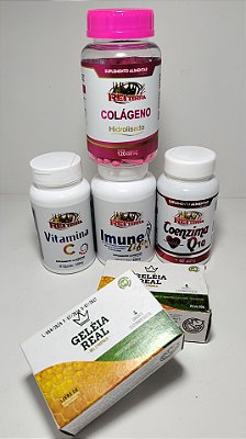 Combo Qualidade De Vida - Coenzima Q10 + Colágeno Hidrolisado + Imune Life + Vitamina C + 2 Sabonetes Geléia Real