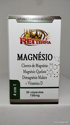 MAGNÉSIO 4 EM 1 - 30 CÁPSULAS / 750 MG (Cloreto de Magnésio, Magnésio Quelato, Dimagnésio Malato e Vitamina D)