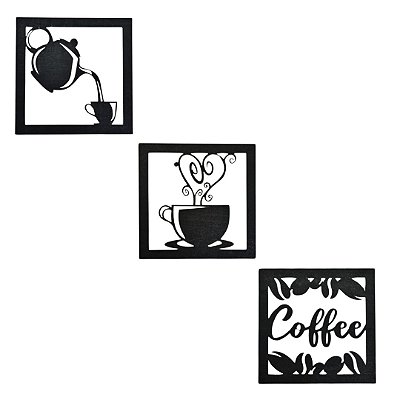 Kit 10 Apliques Decorativos Cantinho do Café Coffee 3 peças Quadros Vazados em MDF Preto