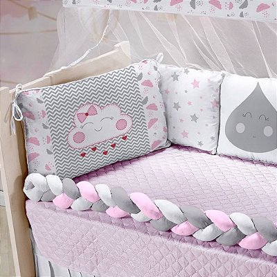 Kit Berço Trança Nuvem Rosa 12 Peças 100% Algodão Rosa cores:Rosa;Tema:Nuvem