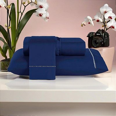 Jogo de Lençol King 04 peças liso Azul marinho