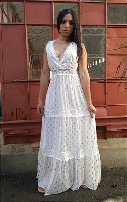 Vestido boho fluido longo brano com dourado