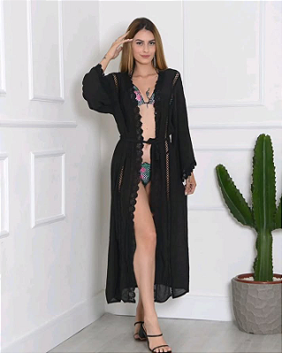 Saída de praia boho chic longa preta
