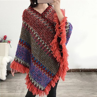 Poncho étnico fechado casaco lã boho hippie chic