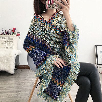 Poncho étnico fechado casaco lã boho hippie chic