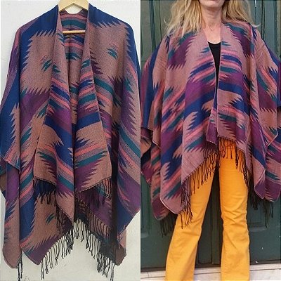 Poncho étnico lã aberto boho chic unissex