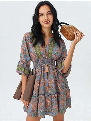 Vestido boho indiano curto babado