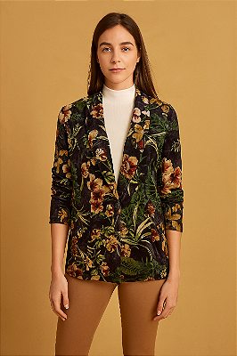 Blazer casaco veludo molhado floral boho chic