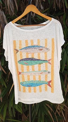 T-Shirts camiseta feminina mística sardinha peixe crustáceo devore hippie