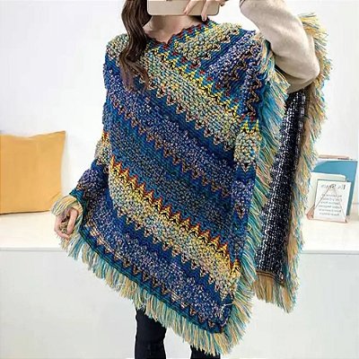 Poncho pala lã boho chic fechado