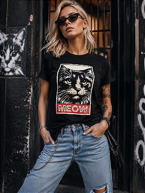 T-Shirts preta visco gato meow - P/M