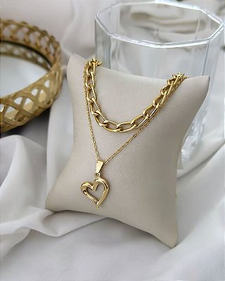 Colar Duplo Folheado a Ouro 18K Coração