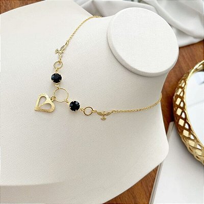 Colar Folheado Dourado Circulos, Strass Preto e Coração