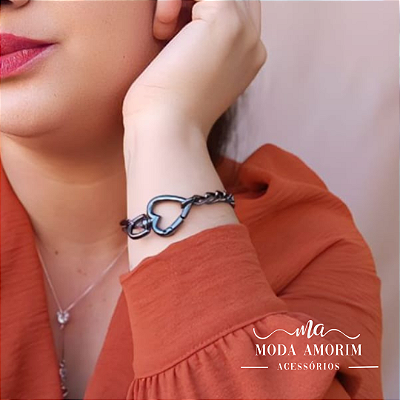 Pulseira Folheada Pingente Coração Mosquetão - Ródio