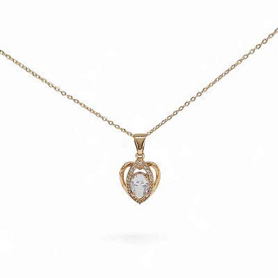 Colar Coração Cristal Cravejado 45cm - Folheado Ouro 18K
