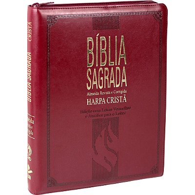 Bíblia Sagrada Letra Gigante Com Harpa Cristã E Índice - Couro Sintético Vinho E Zíper Almeida Revista E Corrigida (Arc) Com Letras Vermelhas