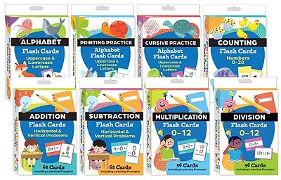 Literacy & Math Flash Cards Complete 8-Deck Set: Alphabet, Printing, Cursive, Counting, Addition, Subtraction, Multiplication, & Division-..
