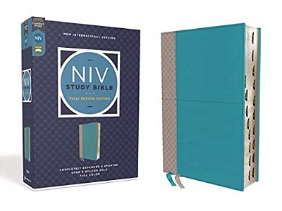 Niv Study Bible, Fully Revised Edition, Leathersoft, Teal/Gray, Red Letter, Thumb Indexed, Comfort Print-..
