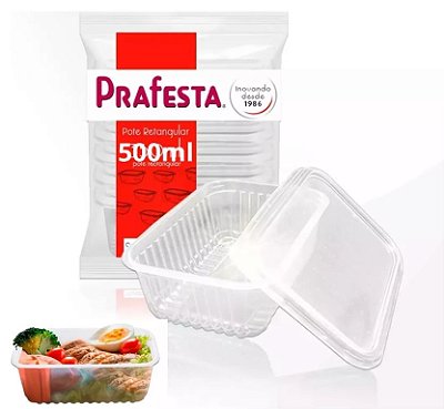 Pote Retangular 500ml com Tampa 24un Prafesta Descartável p/ Marmita