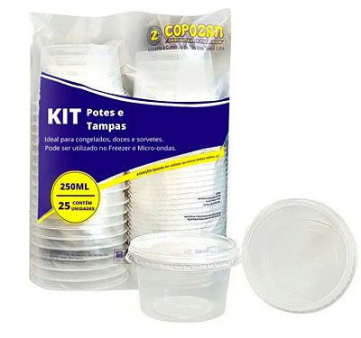 Kit Pote Redondo com Tampa 250ml Copozan PP Pacote 25un
