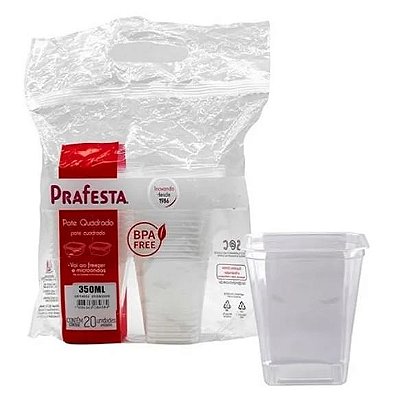 Pote Quadrado 350ml c/ tampa 20un Prafesta