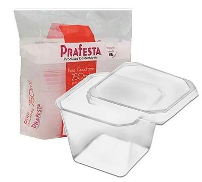 Pote Quadrado 250ml c/ tampa 20un Prafesta