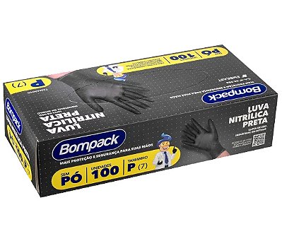 Luva Nitrílica Preta 100un Bompack Tamanho P