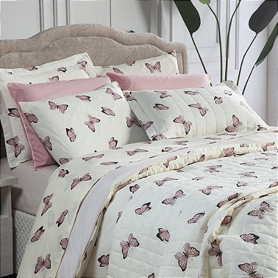 Kit de Cobre Leito Borboletas Rose Matelado Tamanho Casal Padrão