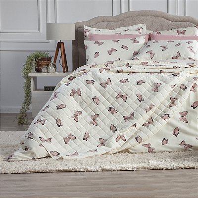 Kit de Cobre Leito Borboletas Rose Matelado Tamanho King 3 peças