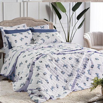 Cobre Leito Borboleta Azul Dupla face Estampado Matelado Solteiro 2 Peças